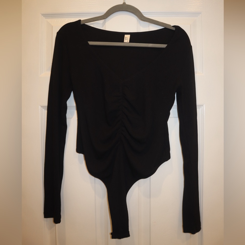 Hey Babe Size L Ruched Front Long-sleeve Black Bodysuit